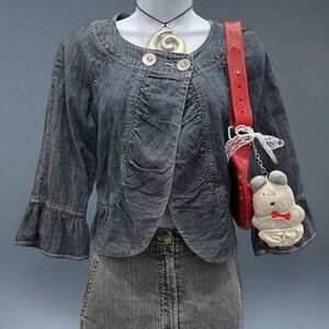 Vintage Y2K AMI Ruffle Cropped Denim Swing Jean Jacket Retro Grunge